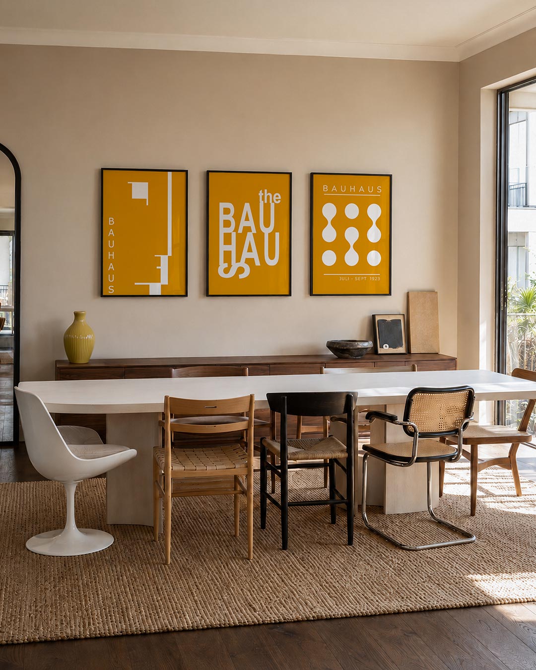 Kleur en lijnenspel driedelige posterset – deze posterset in drie delen speelt met oranje en wit. Rechte lijnen en vlakken