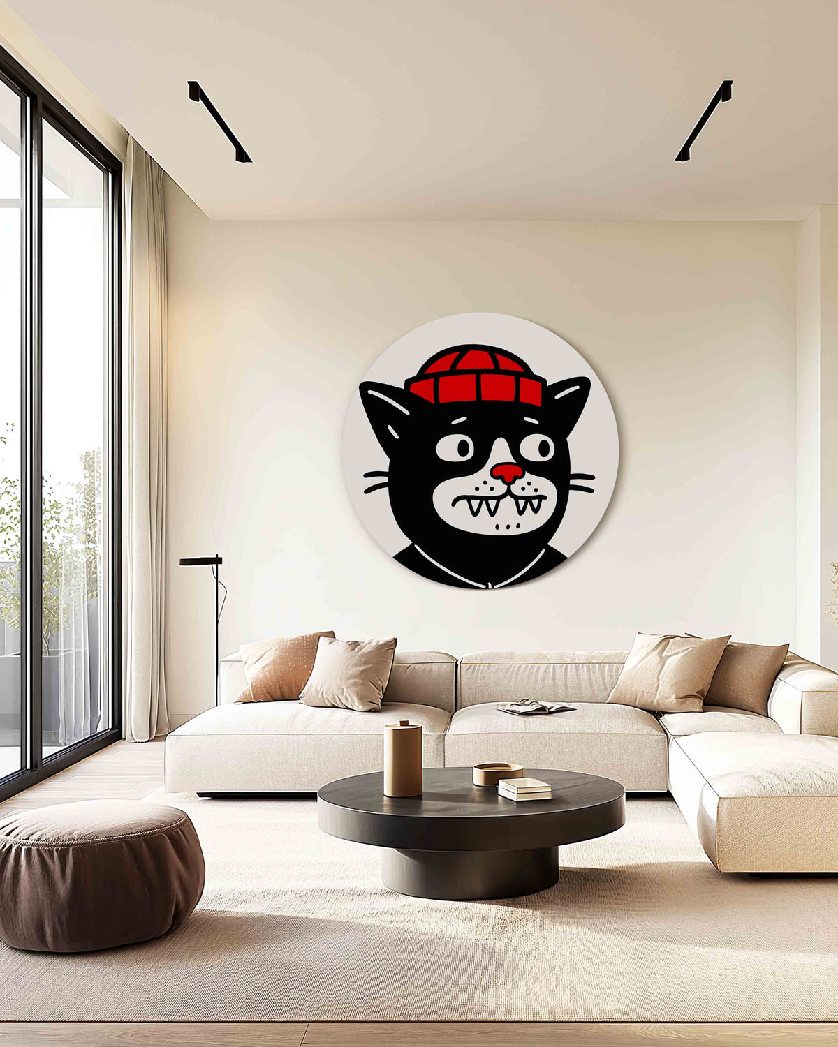 Kat met muts – safari muurcirkel als ronde wanddecoratie