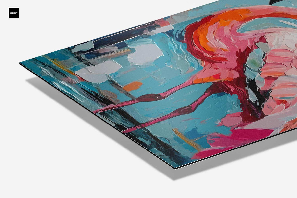 Opera d'arte con fenicottero in ambiente colorato