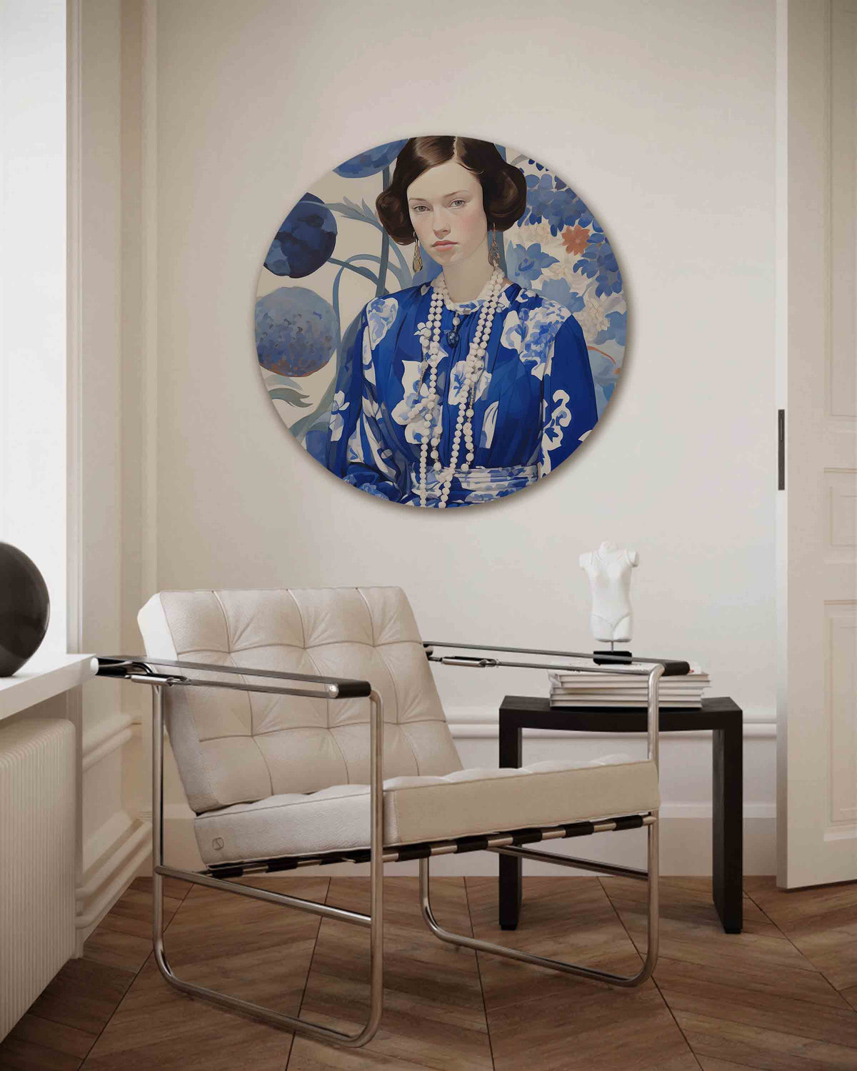 Vrouw in blauwe jurk – kleurrijke muurcirkel als ronde wanddecoratie