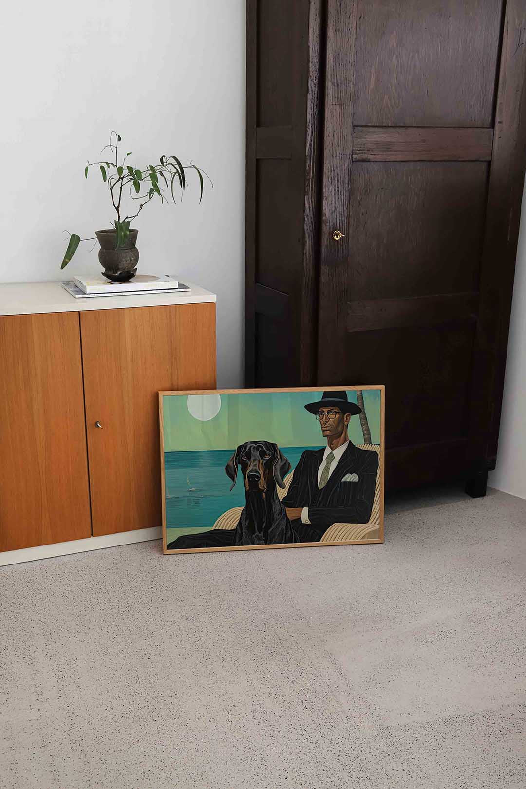 Man en hond bij zee – dierenillustratie als landscape poster