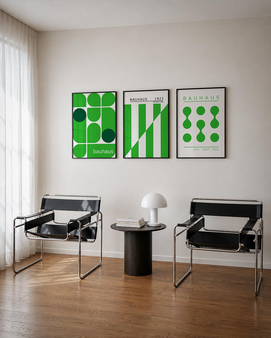 Groene vormenmix posterset – tweede productweergave – deze posterset in drie delen toont een speelse mix van groene vormen.