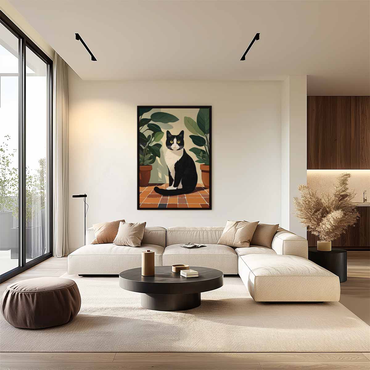 Charmante Kat tussen Groen – staand kunstwerk voor modern interieur