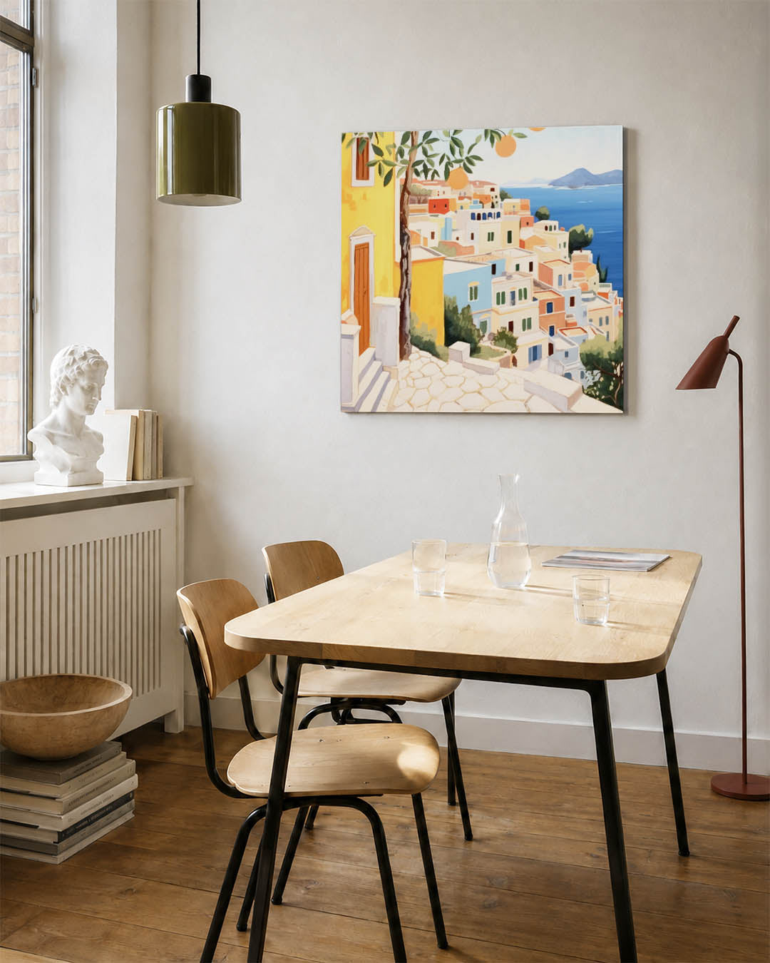 Zonnige kuststad kunstwerk – detailweergave – dit kunstwerk toont een levendig kustlandschap met kleurrijke huizen en een