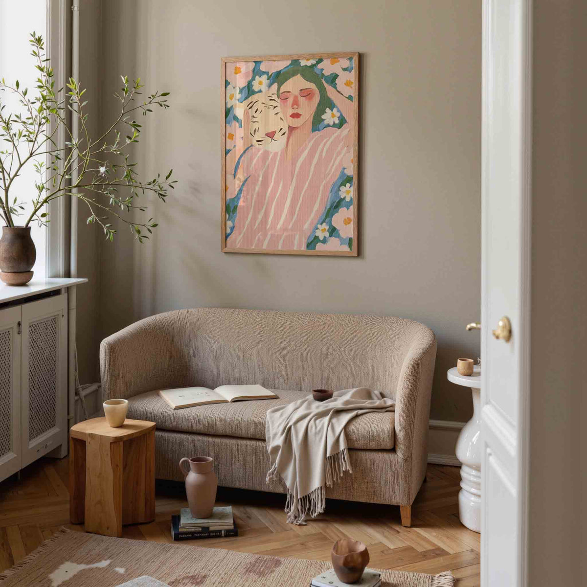 Vrouw met tijger – pastel poster in staand formaat