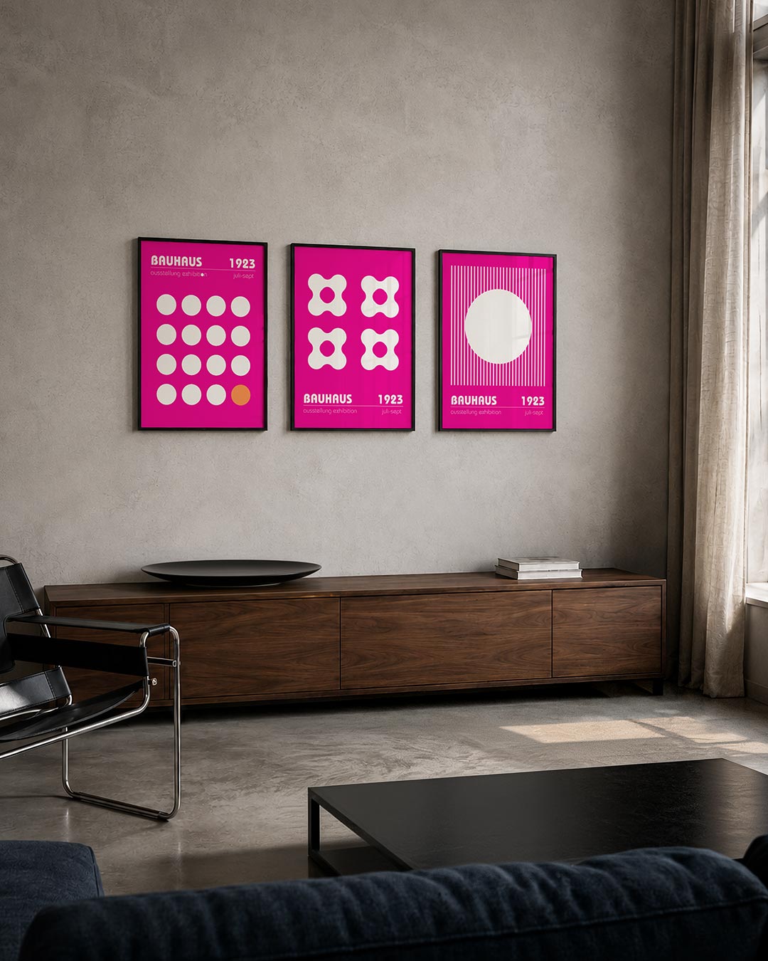 Cirkelpatroon en kleur driedelige posterset – deze posterset in drie delen toont een levendig spel van witte cirkels op een