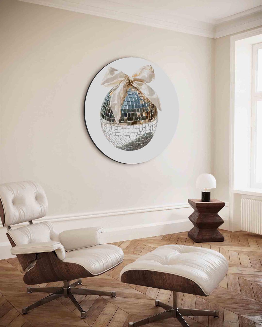 Spiegelbol met strik – moderne ronde wanddecoratie van WallArtistic