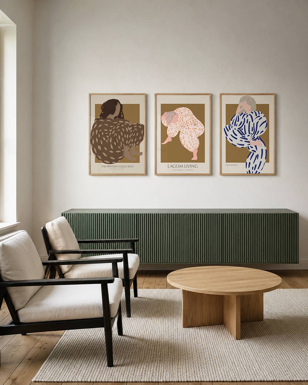 Vorm en kleur posterset – derde productweergave – een figuur met donkere krullen zit in een patroon van bruine en