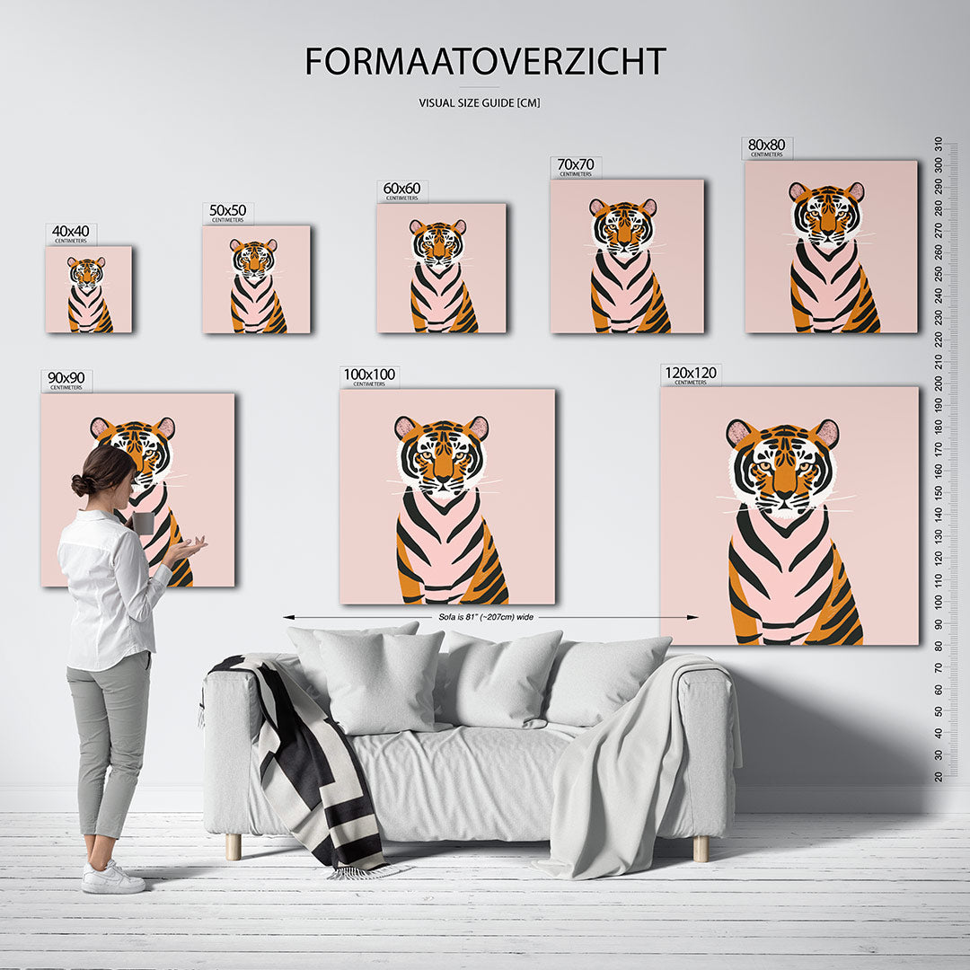 Gestileerde tijger kunstwerk – sfeerbeeld – dit werk toont een tijger met strakke lijnen en contrasterende kleuren. De
