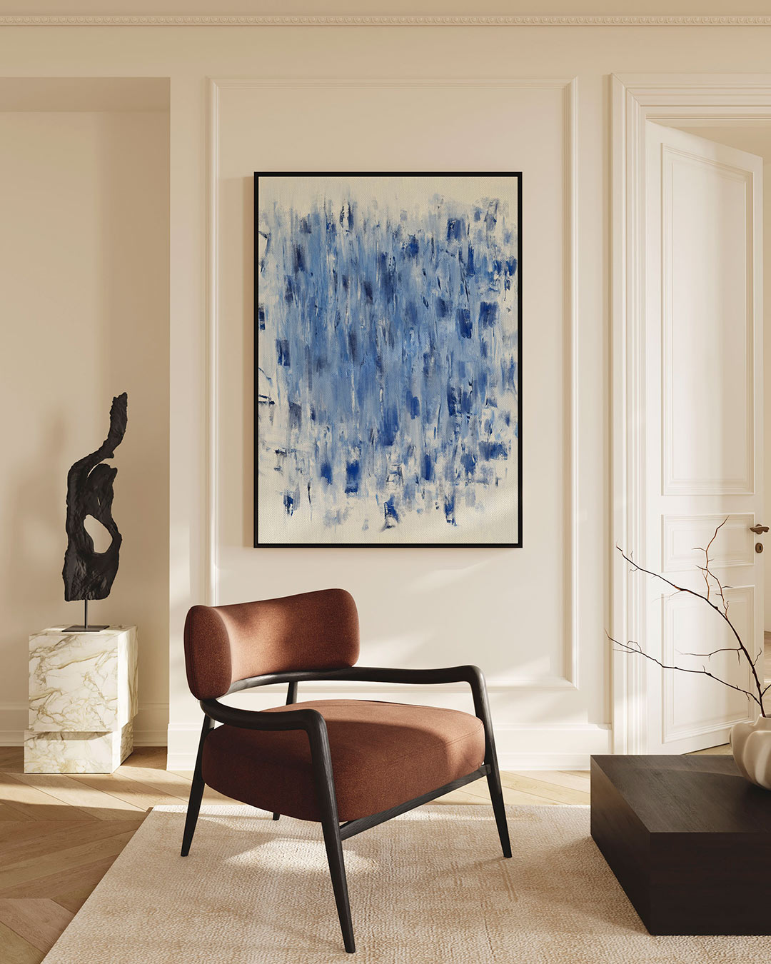 Dynamische blauwe streken – staand wanddecoratie kunstwerk
