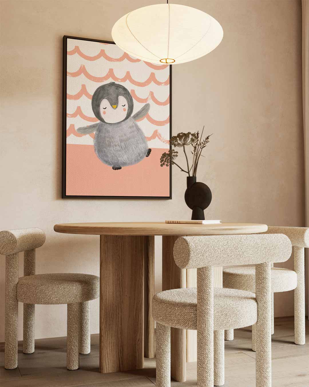 Dromerige Pinguïn Knuffelposter – staand kunstwerk voor modern interieur
