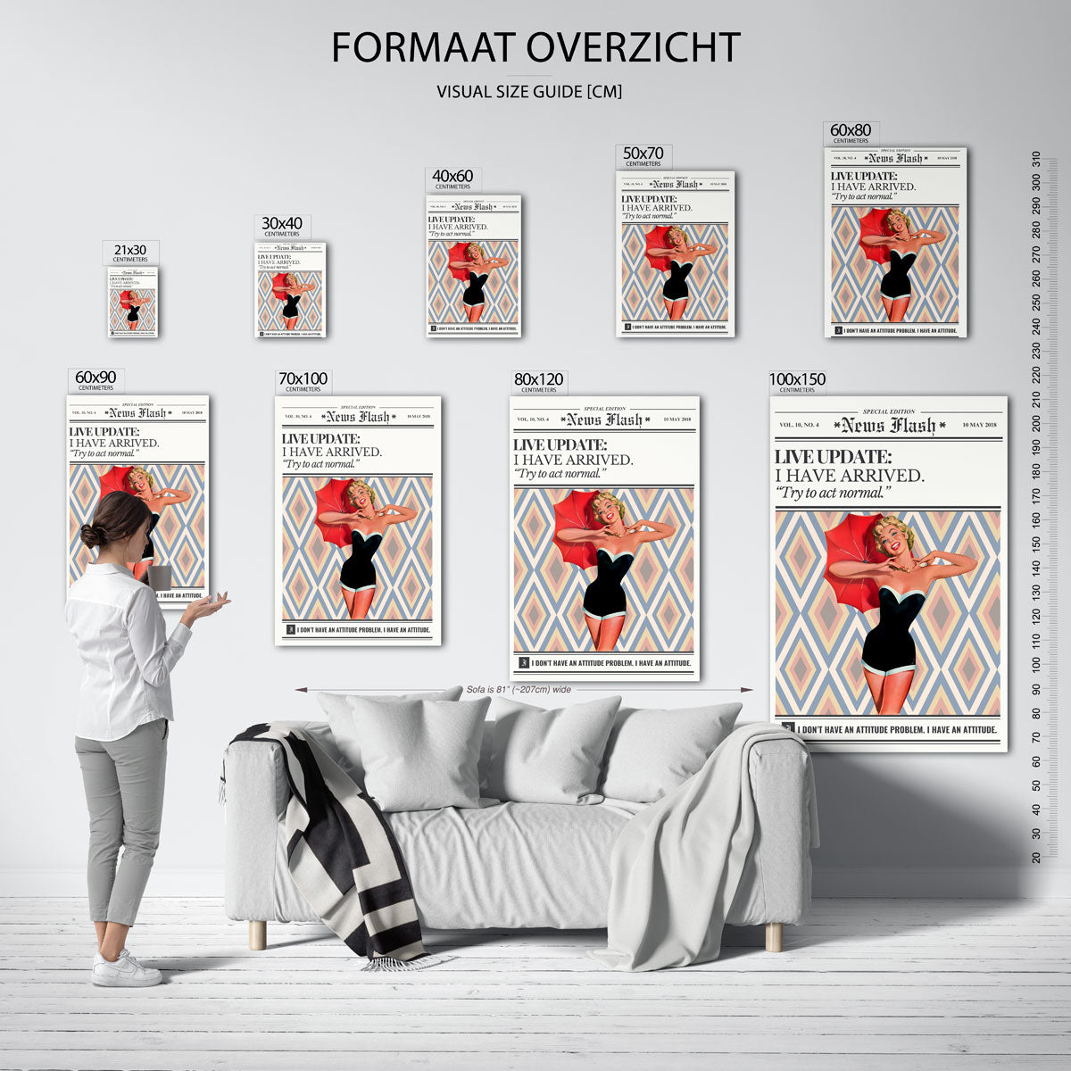 Vrolijke vrouw met paraplu – staande muurposter in Pop Art stijl