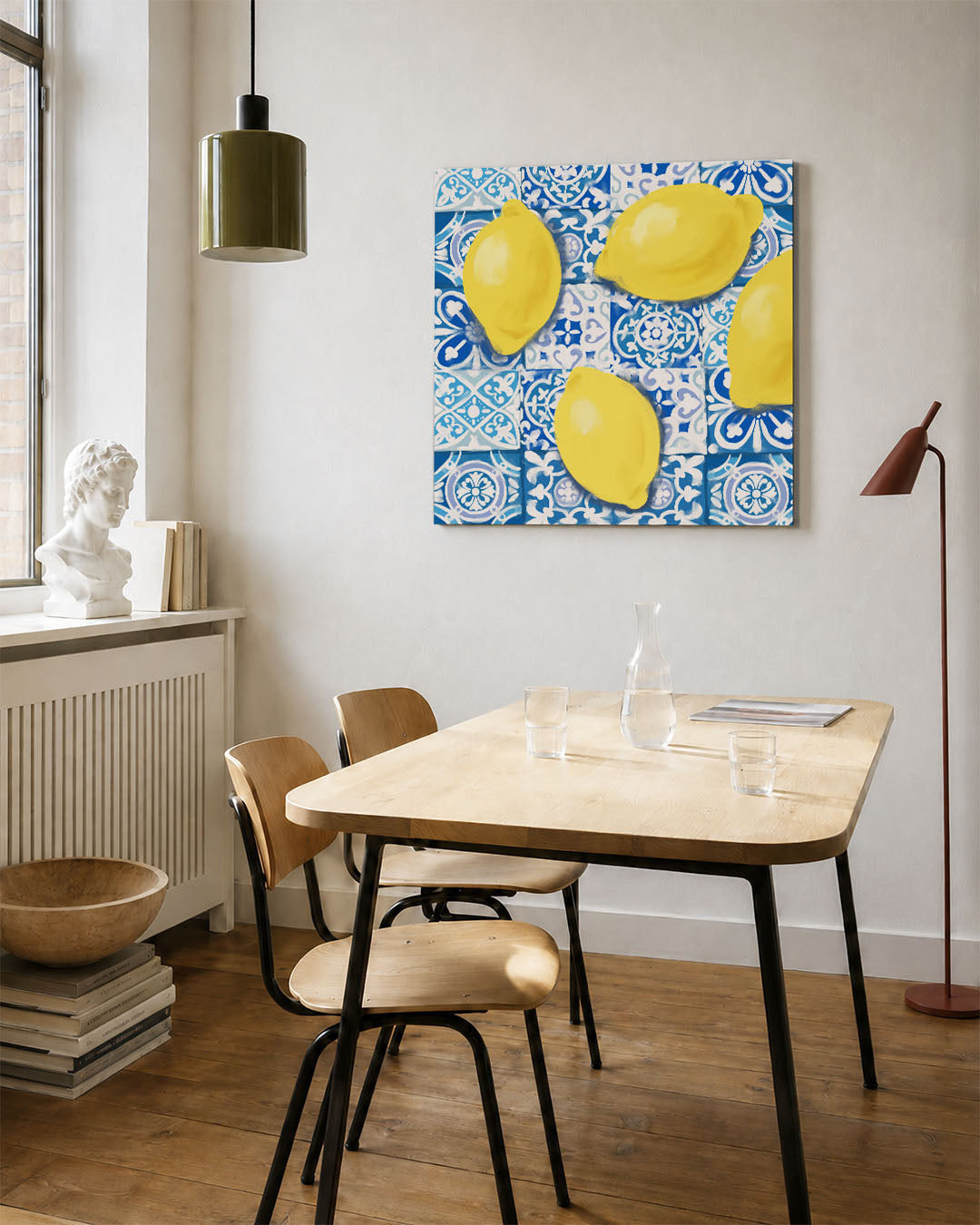 Citroenen en tegels kunstwerk – vierkante wanddecoratie – dit werk toont felgele citroenen op een achtergrond van
