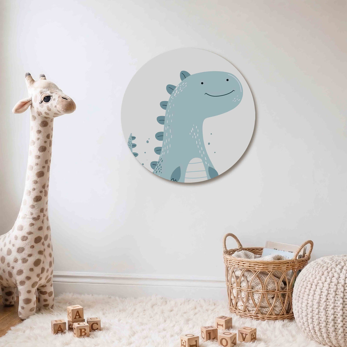 Blauwe dinosaurus Muurcirkel – Een vriendelijke blauwe dinosaurus met een glimlach en schubben op zijn rug.