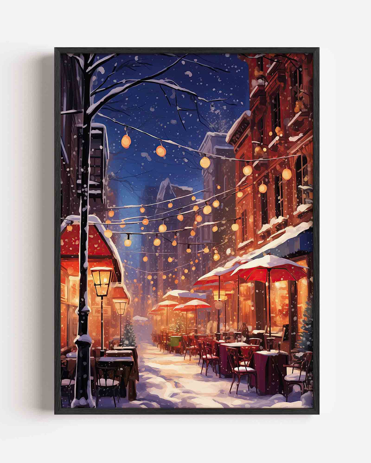 Winterse straat met verlichting – kerst portret poster als wanddecoratie