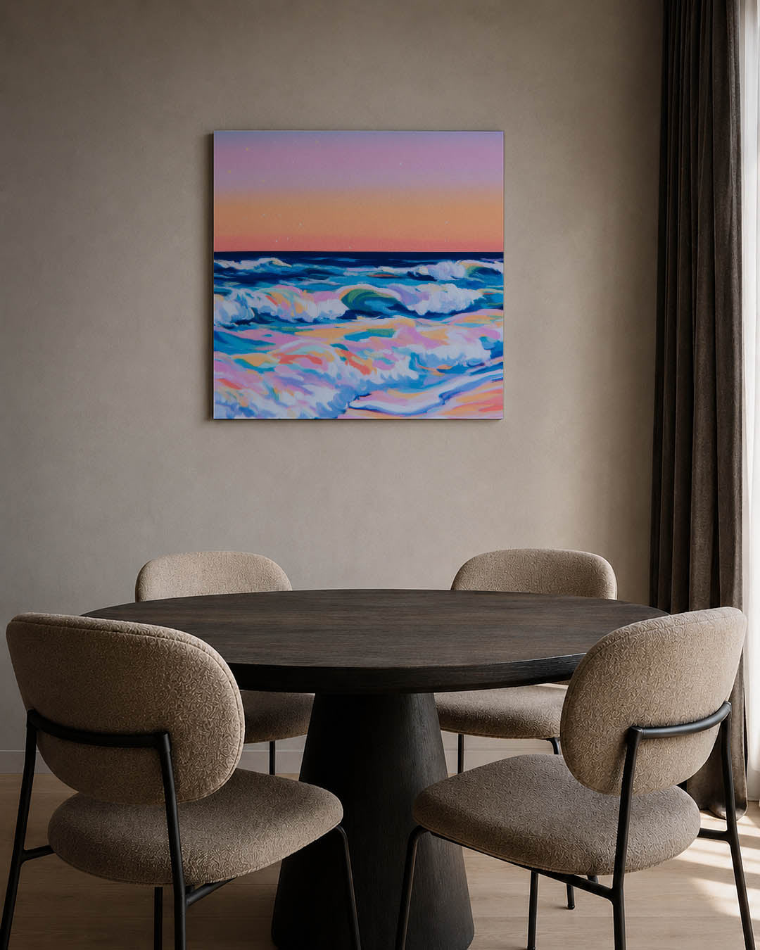 Kleurrijke zee golven kunstwerk – tweede productweergave – dit werk toont een levendige zee met golven in diverse kleuren. De