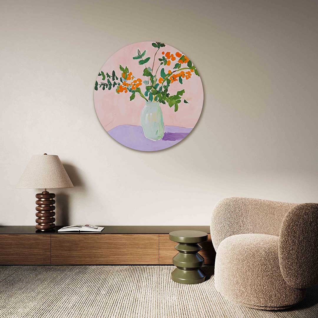 Bloemen in vaas – abstracte muurcirkel als ronde wanddecoratie