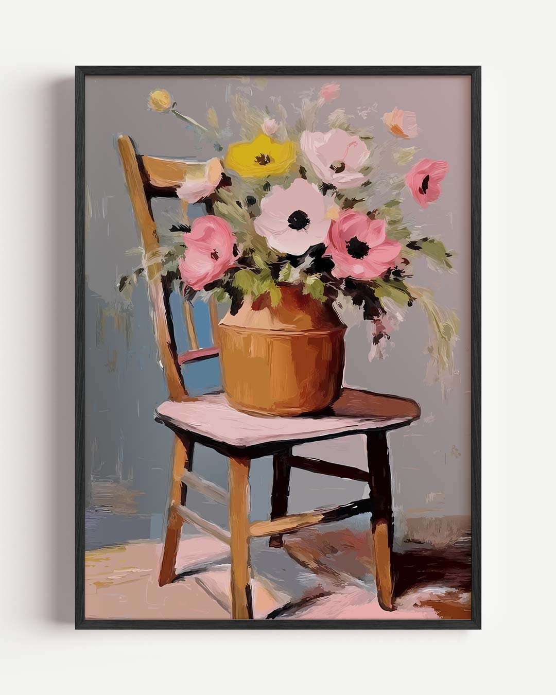 Bloemenvaas op Houten Stoel – bloemen portret poster als wanddecoratie