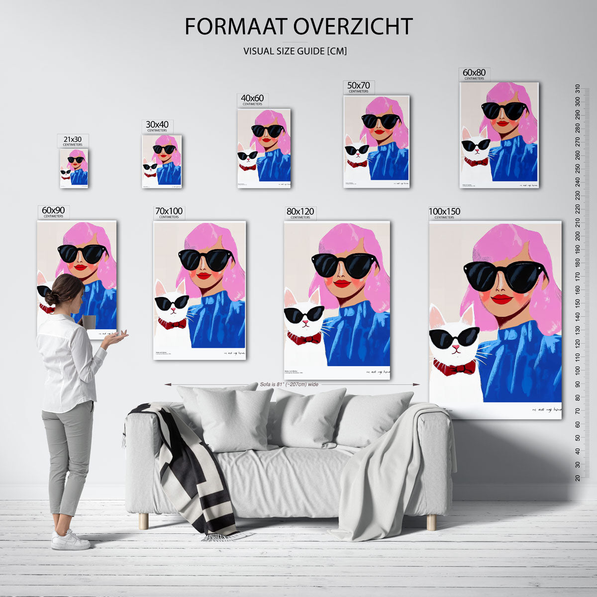 Vrouw en kat met zonnebrillen – staande muurposter met Pop Art uitstraling