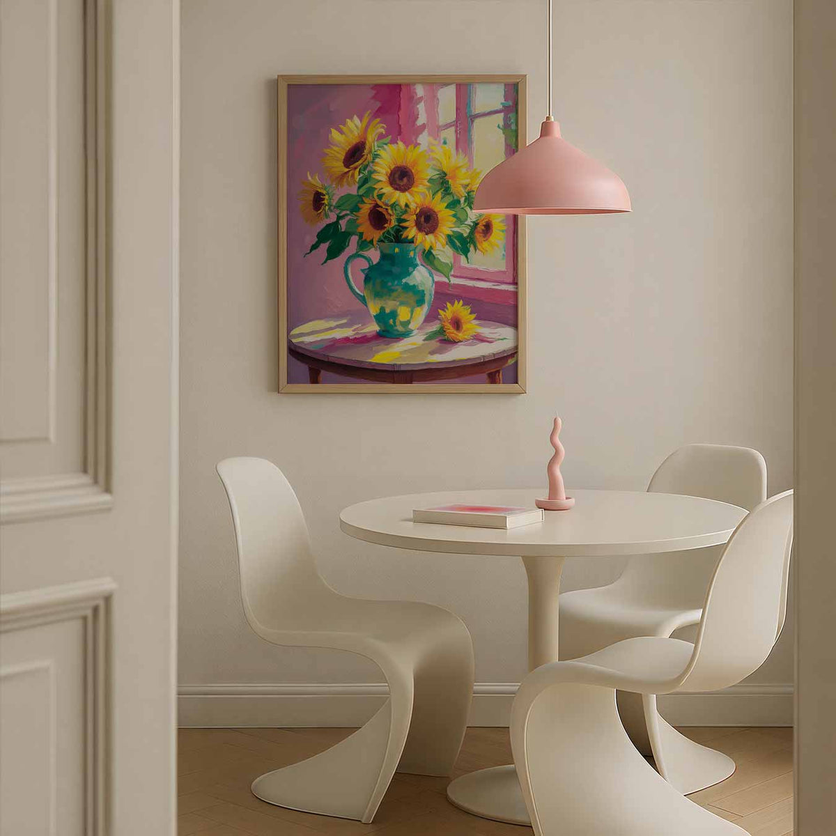 Zonnige Zonnebloemen in Vaasje – bloemen poster in staand formaat