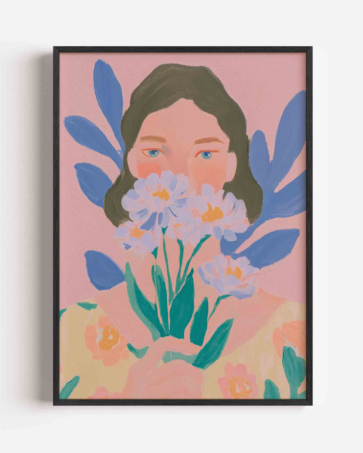 Vrouw met bloemen – pastel portret poster als wanddecoratie
