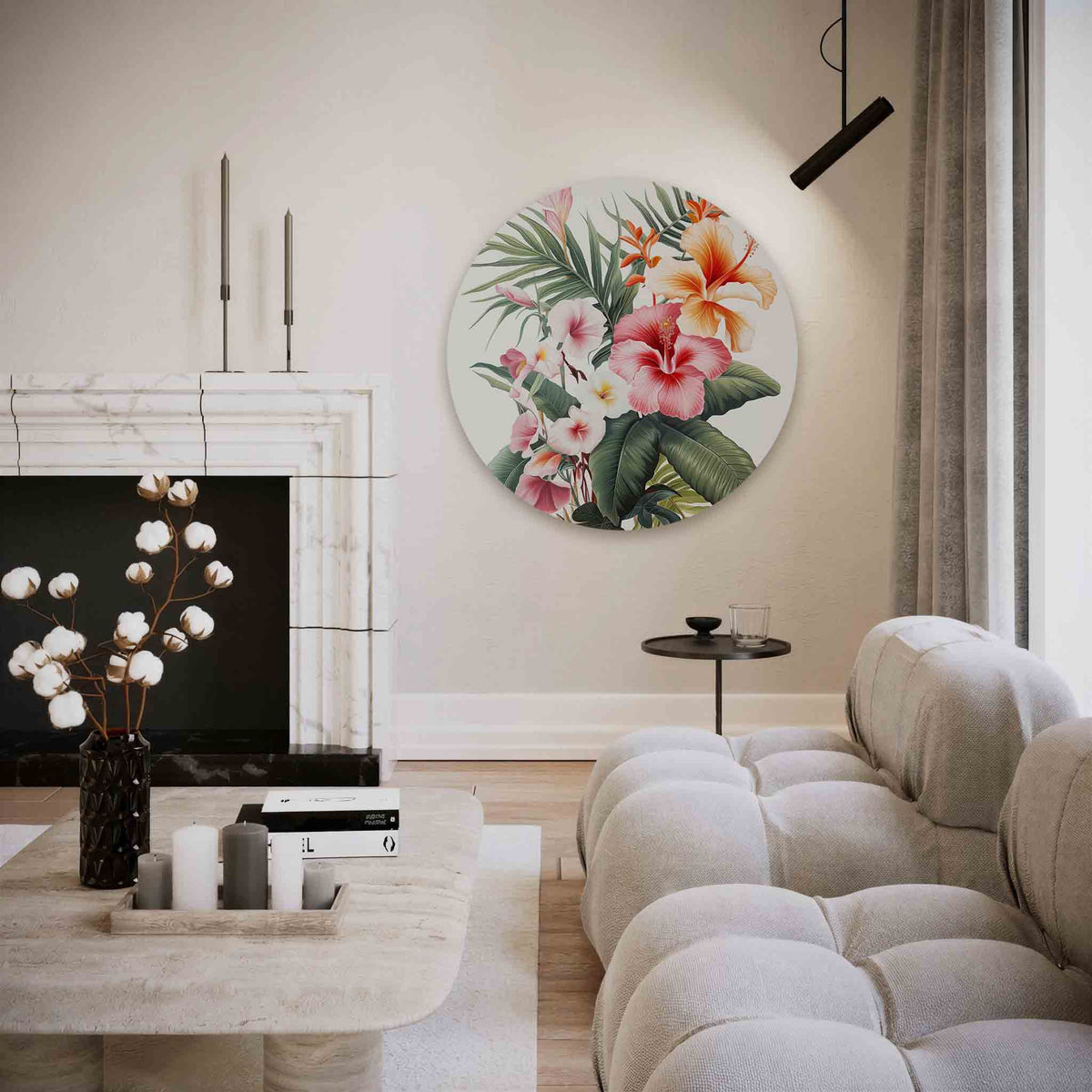 Tropische bloemen – vrouwelijk portret muurcirkel als wanddecoratie
