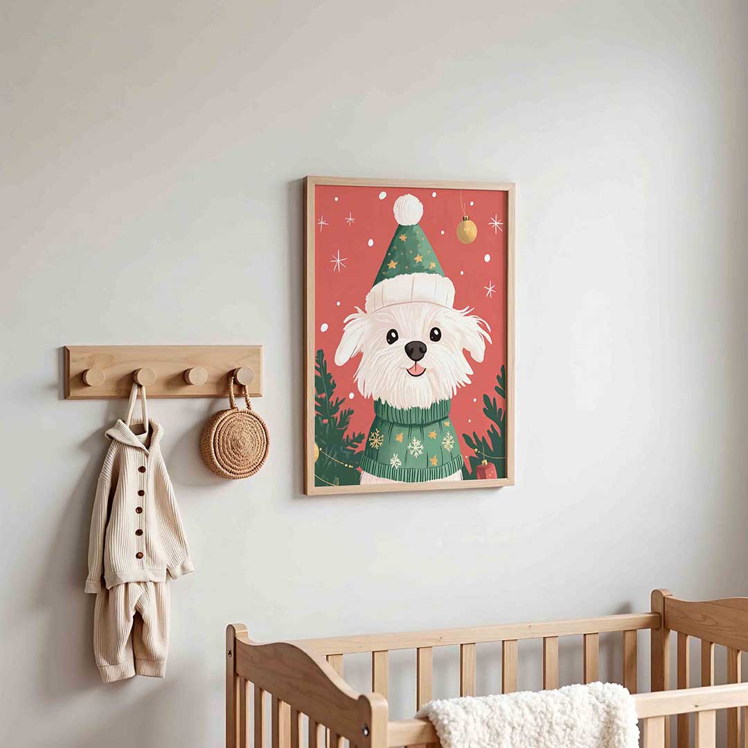 Hond met kersttrui – kinderposter in staand formaat