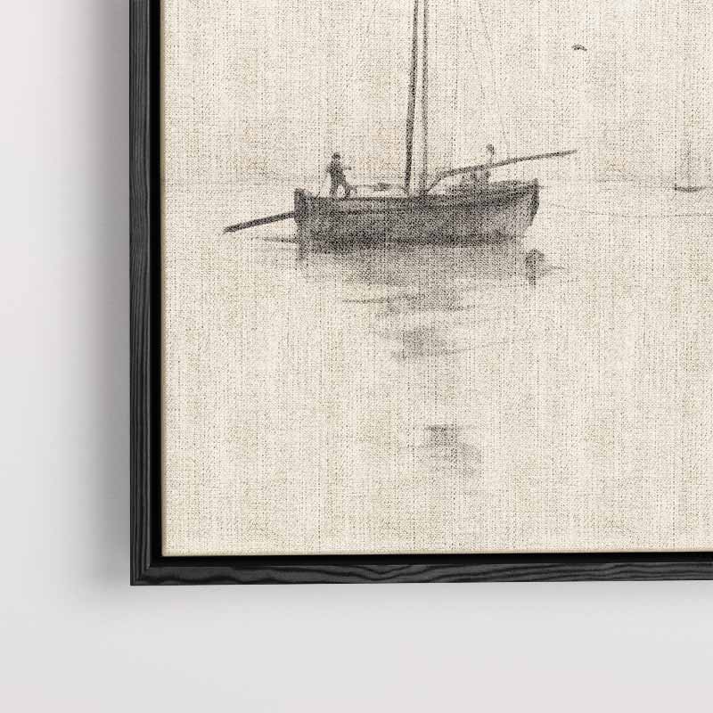 Rustige Zeilboten op Mistige Zee – staand kunstwerk voor modern interieur