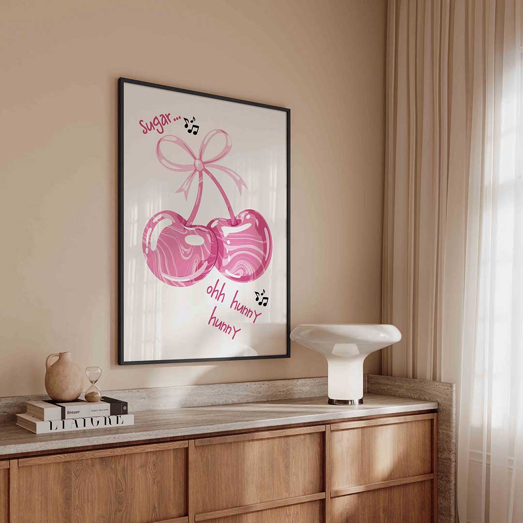 Roze kersen met strik – kleurrijke Pop Art poster in staand formaat