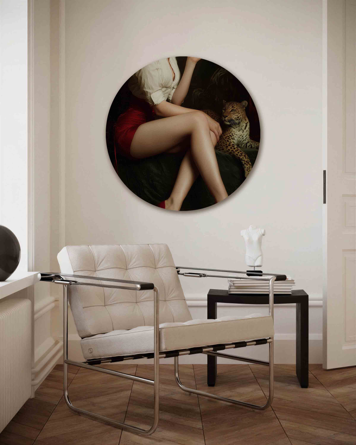 Vrouw met luipaard – Pop Art muurcirkel als ronde wanddecoratie