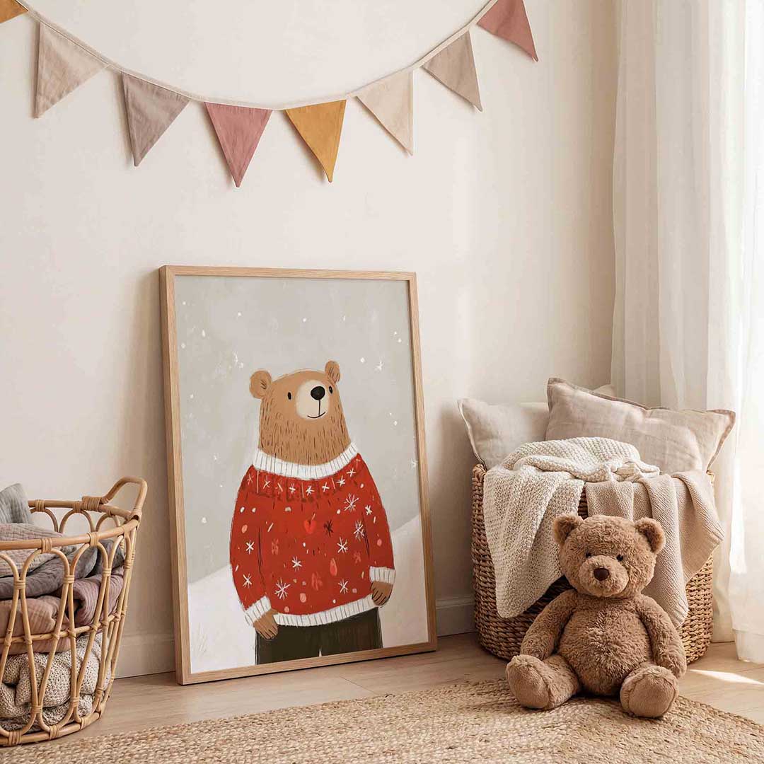 Beer met trui – speelse wandkunst als portret kinderposter