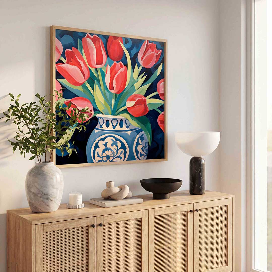 Tulpen in vaas – kleurrijke poster in vierkant formaat