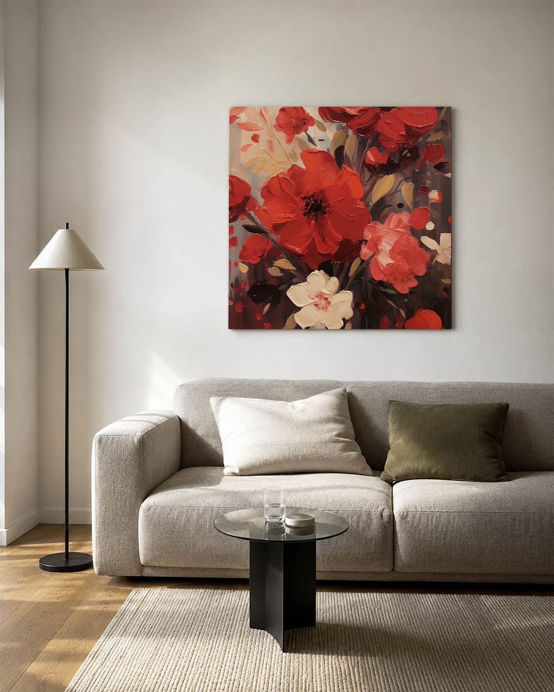 Expressieve bloemen kunstwerk – detailweergave – dit kunstwerk toont levendige bloemen in rijke tinten, met dynamische