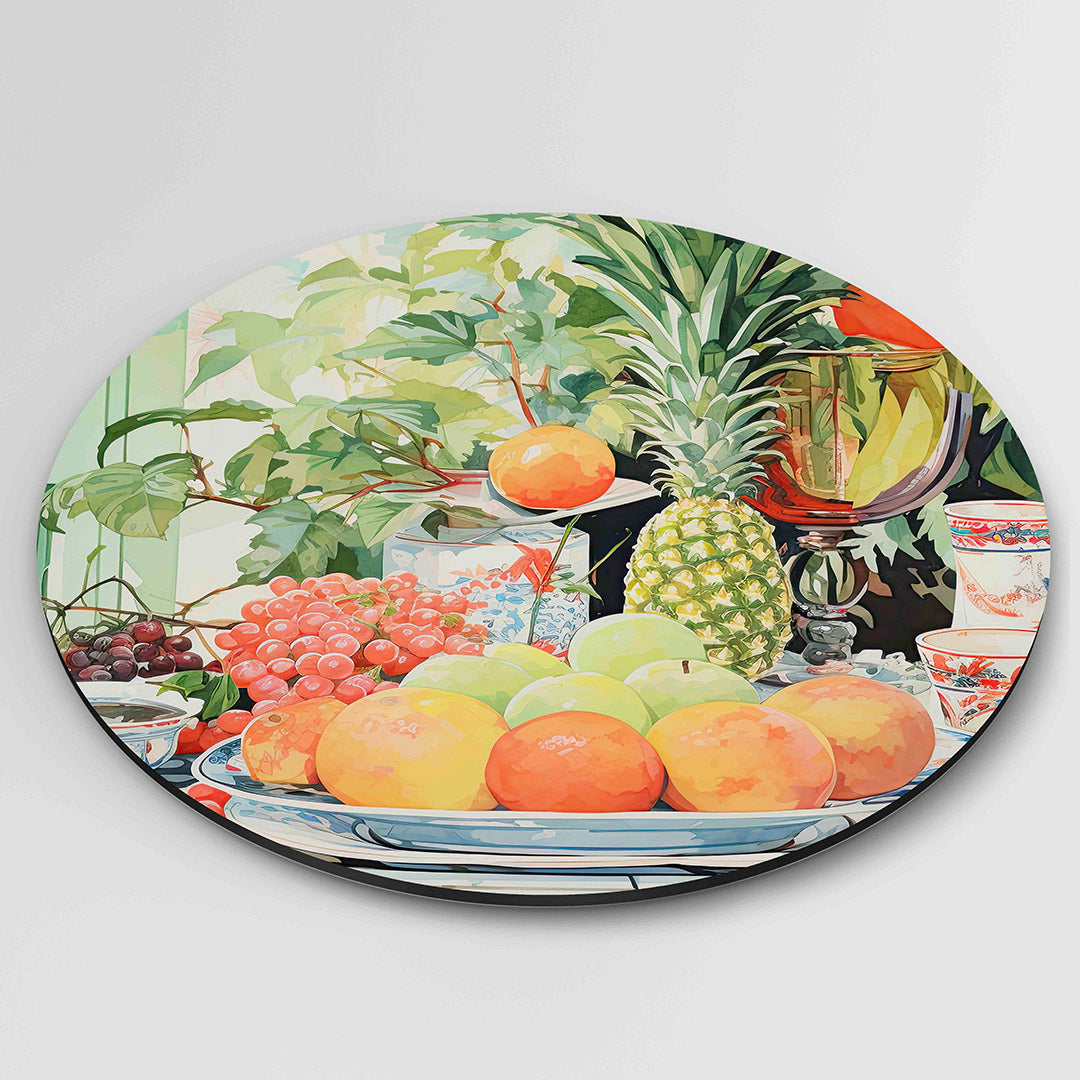 Fruit en servies – kleurrijke wandkunst als muurcirkel