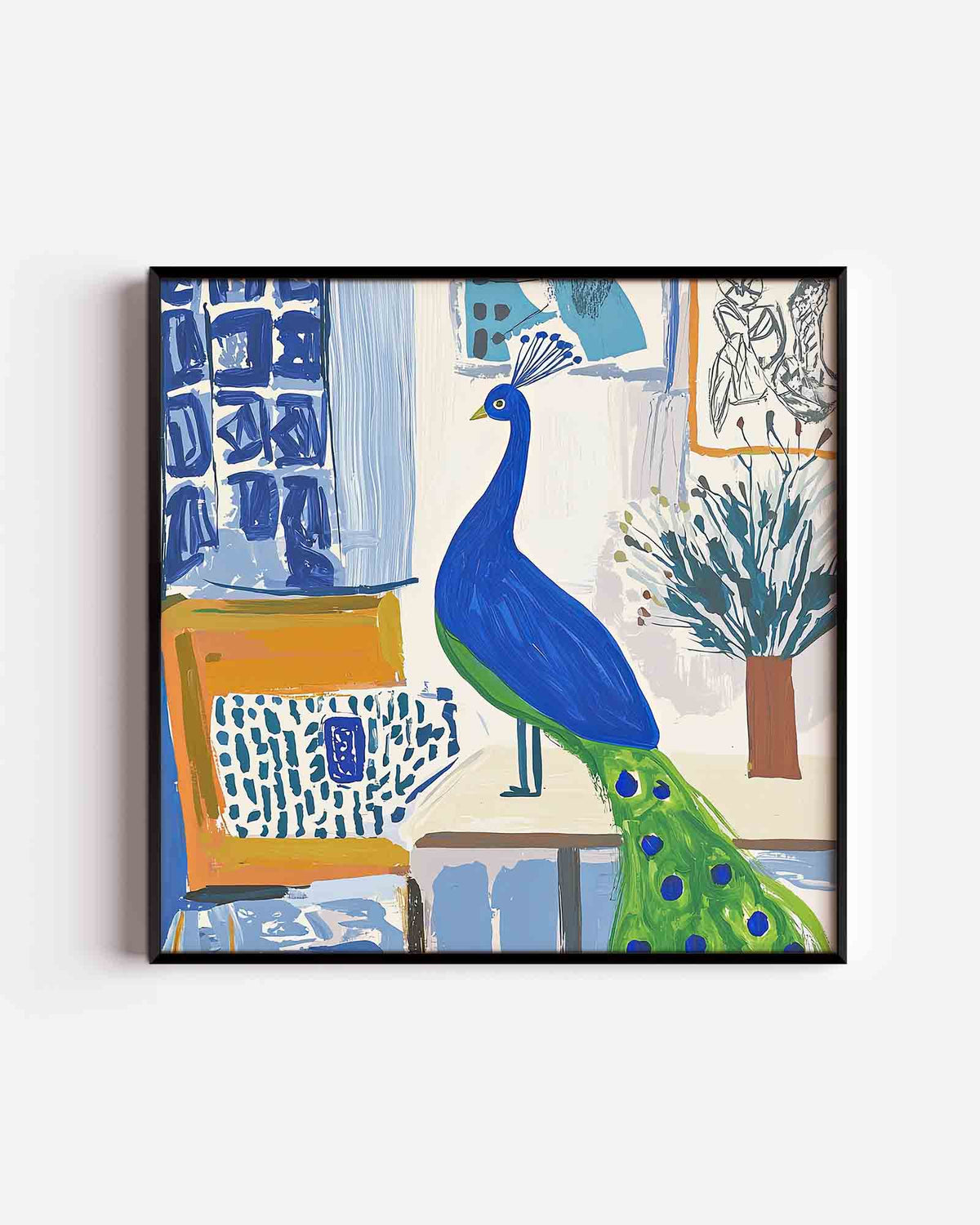Pauw in interieur – vierkante dierenposter als wanddecoratie