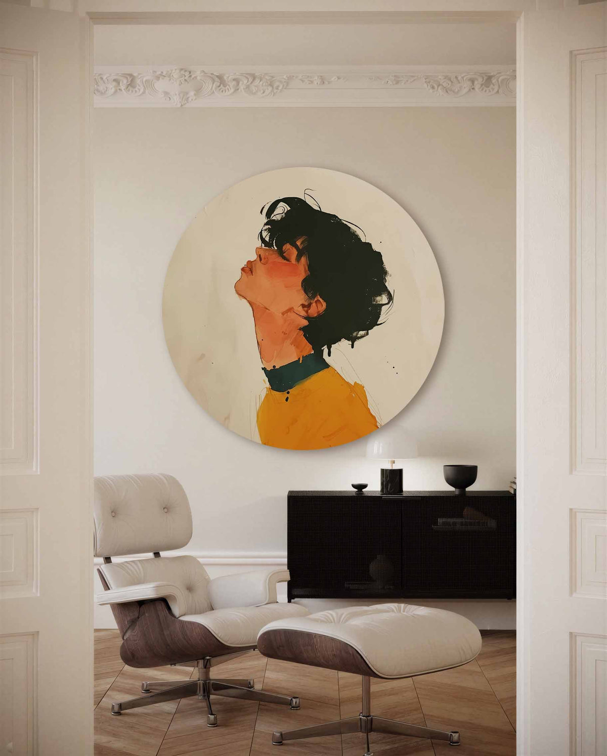 Portret met oranje en zwart – muurcirkel met kleur en vormen voor aan de muur