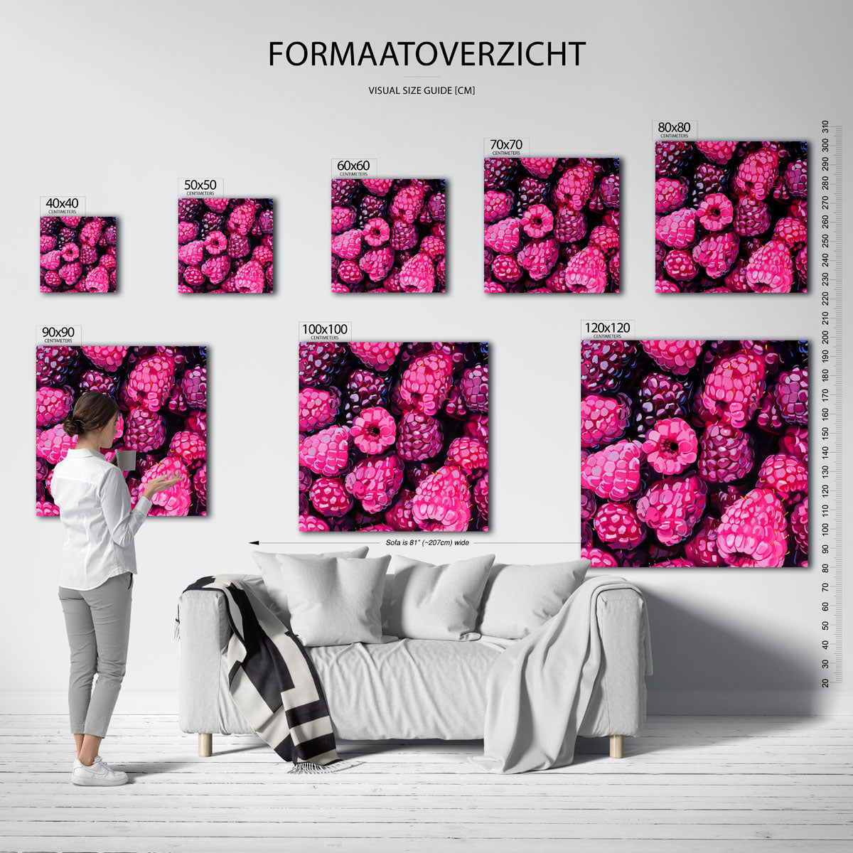 Frambozen – vierkante muurposter met kleurrijke illustratie