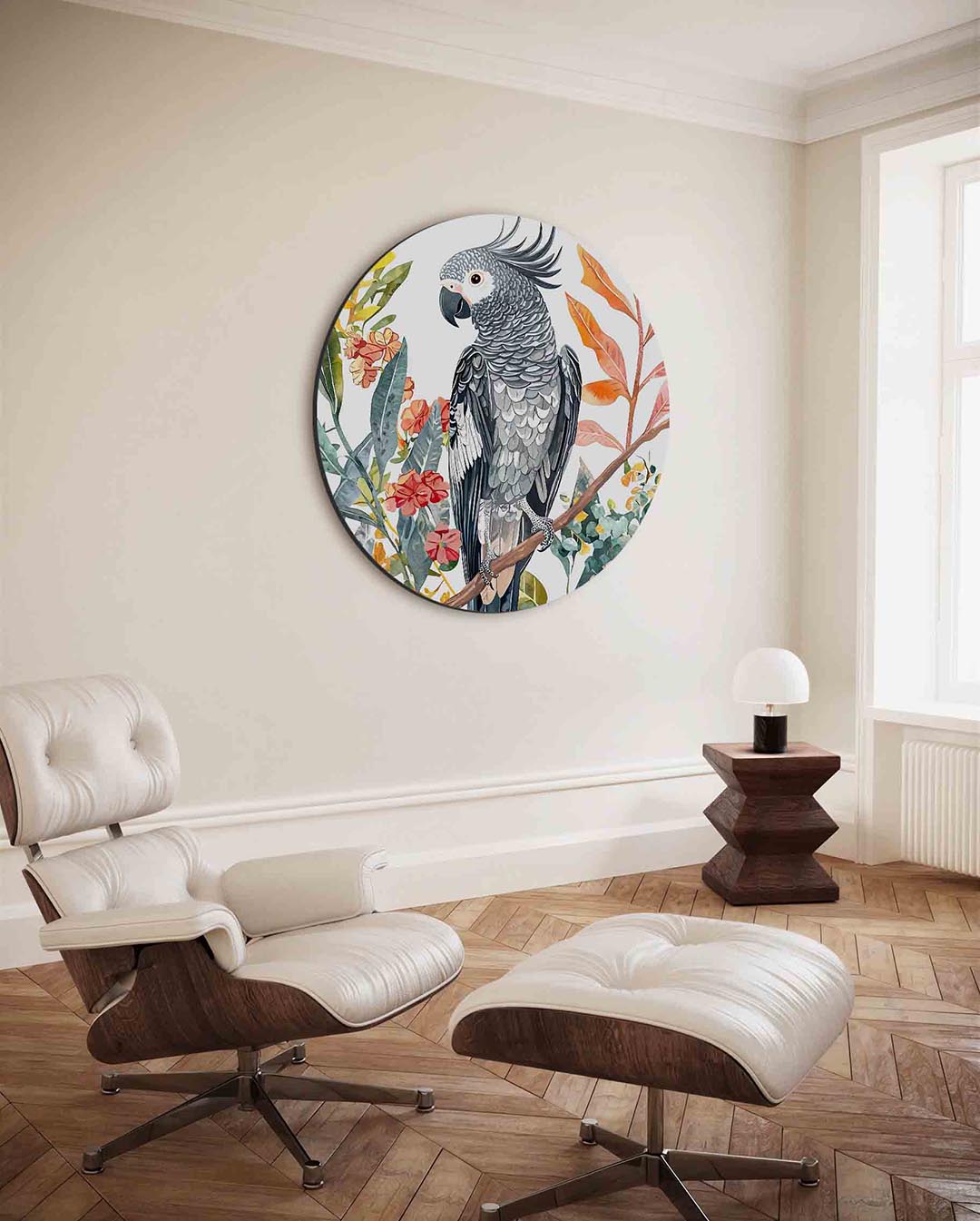 Papegaai en bladeren – kleurrijke ronde wanddecoratie van WallArtistic