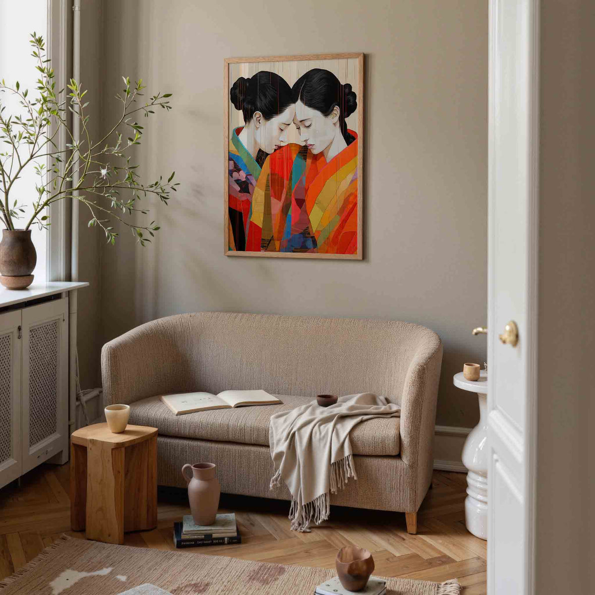 Twee figuren in kleurrijke gewaden – botanische poster in staand formaat