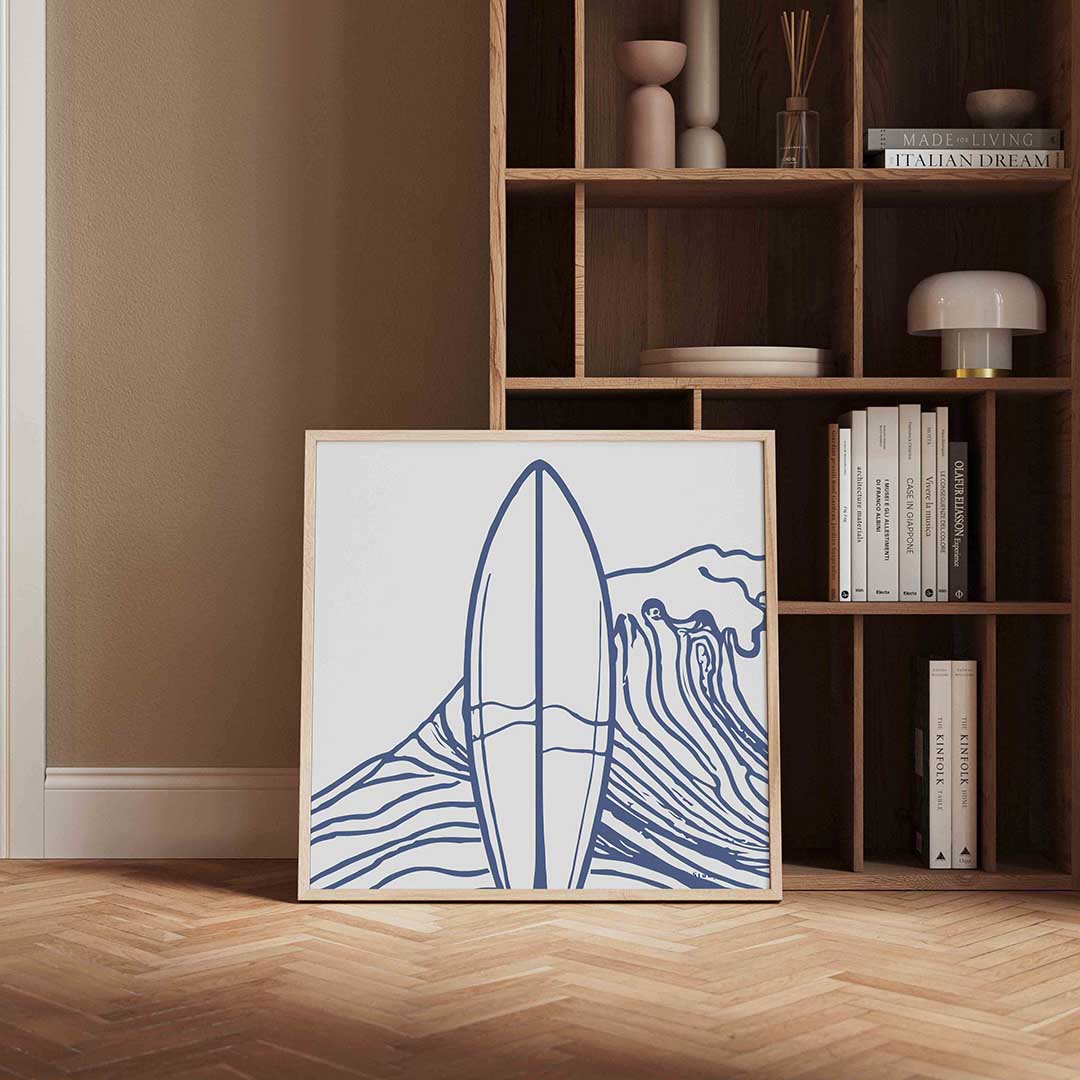 Surfplank en golven – vierkante wanddecoratie met kleur en vorm van WallArtistic