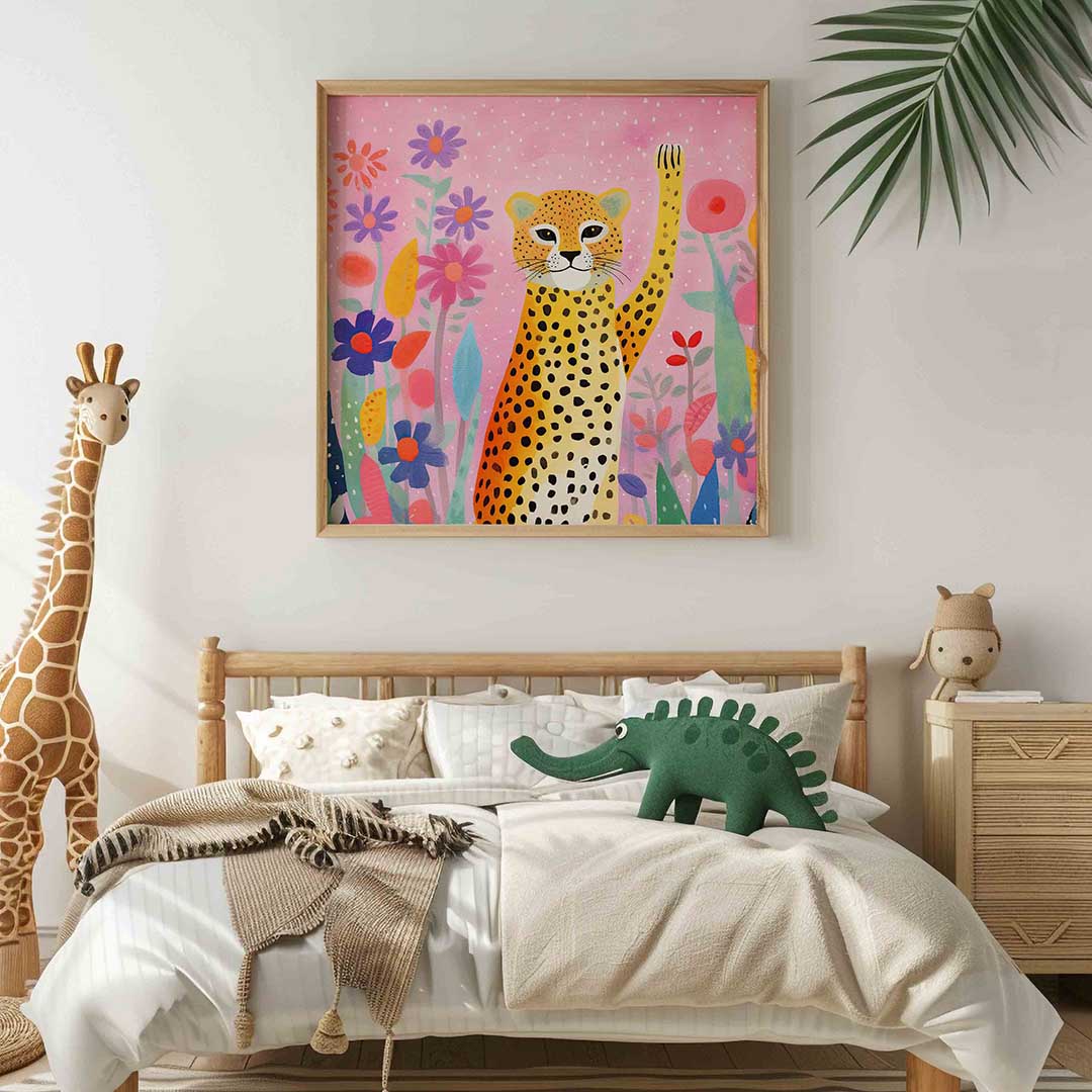 Luipaard en bloemen – vierkante kinderkamer wanddecoratie van WallArtistic