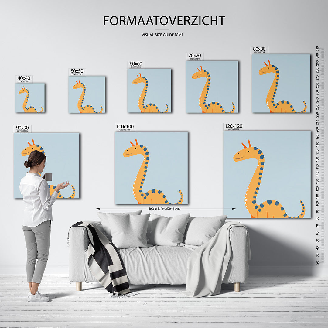 Speelse dinosaurus illustratie kunstwerk – sfeerbeeld – dit kunstwerk toont een vrolijke dinosaurus met een lange nek en