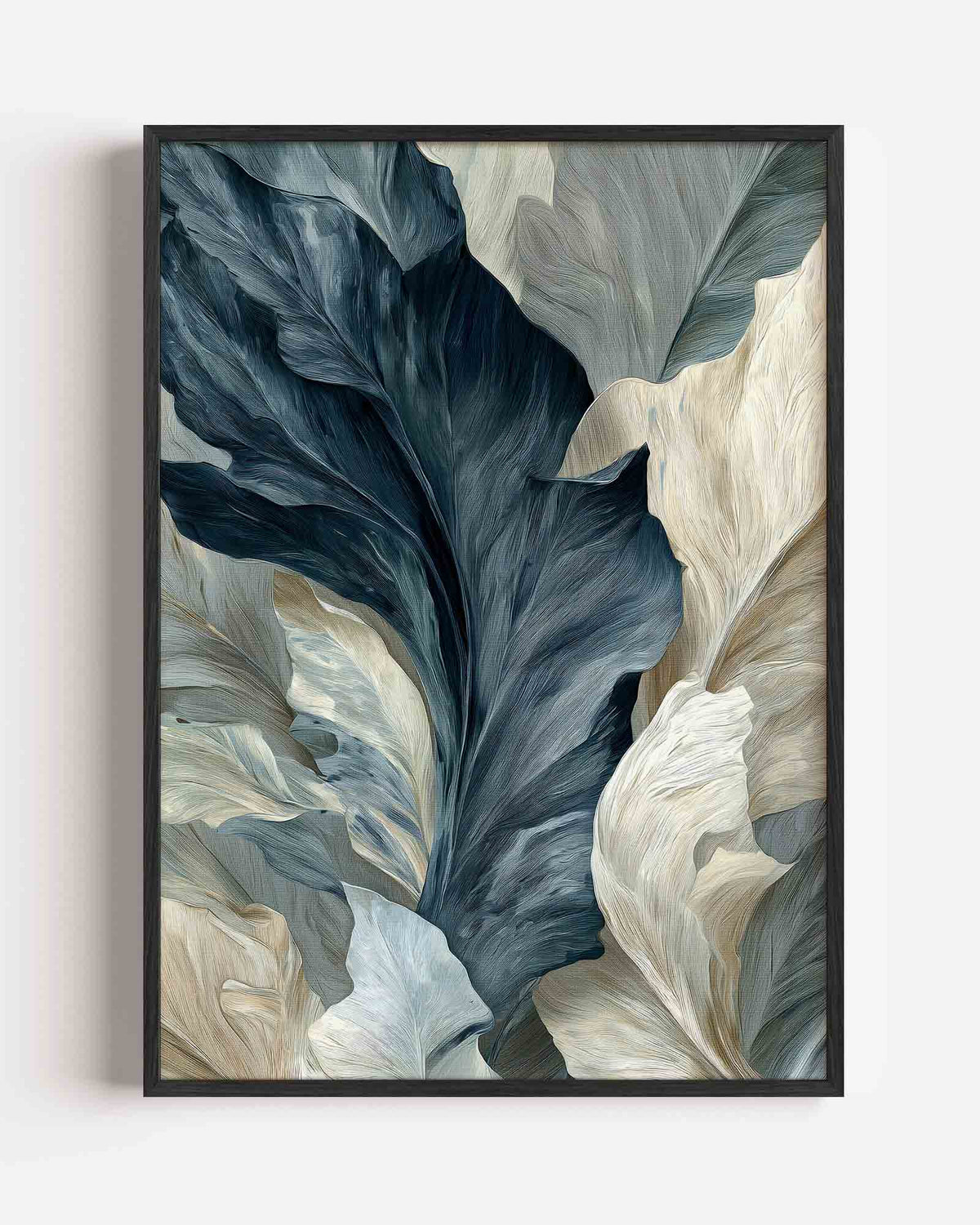 Bladeren in blauw en beige – abstracte portret poster als wanddecoratie