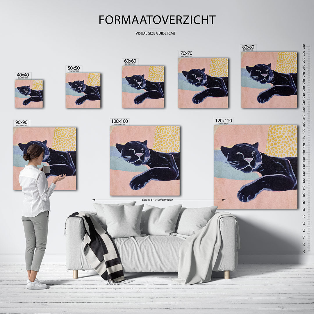Dromerige panter kunstwerk – dit kunstwerk toont een ontspannen panter in een kleurrijke omgeving. De zachte vormen en warme