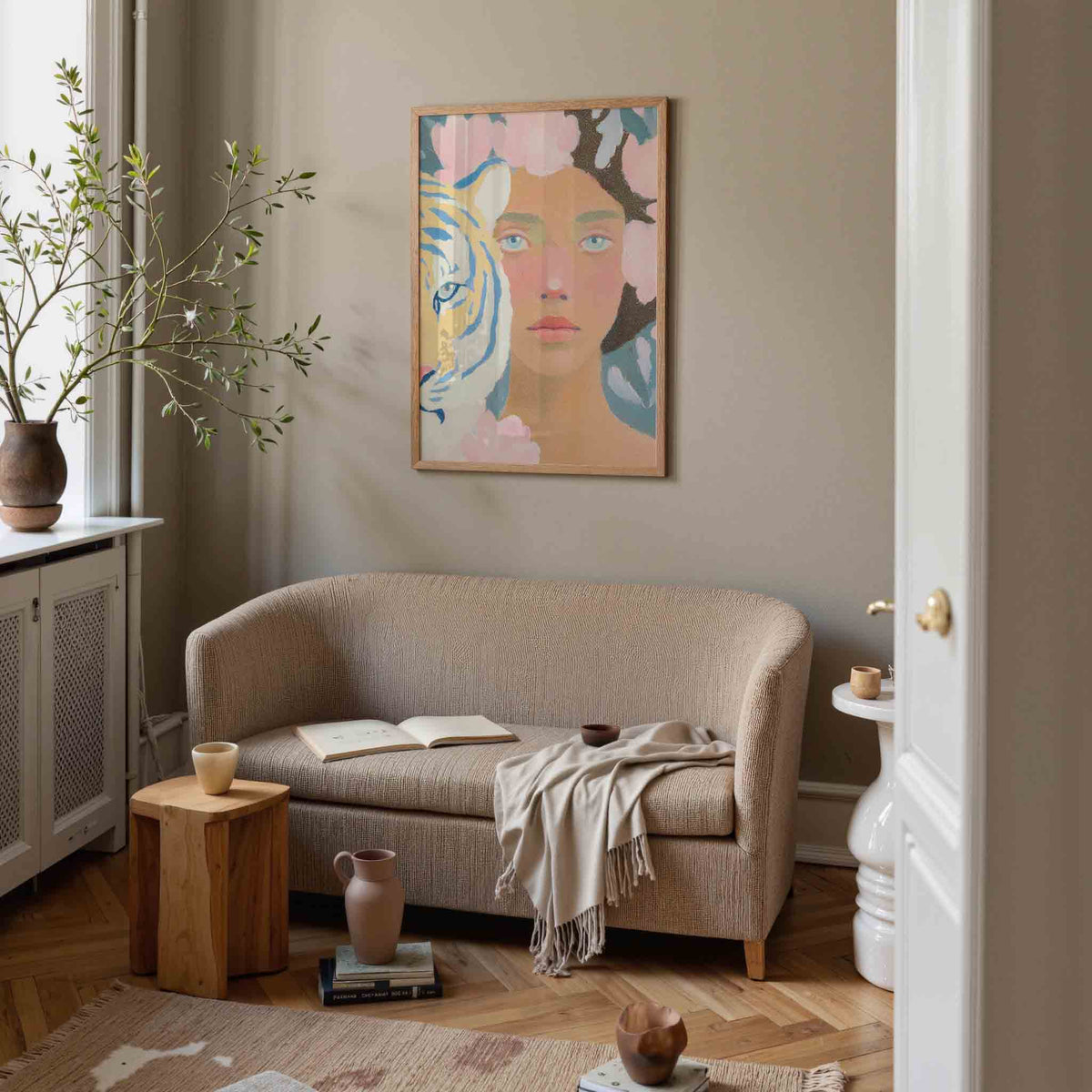 Tijger en vrouw – pastel poster in staand formaat