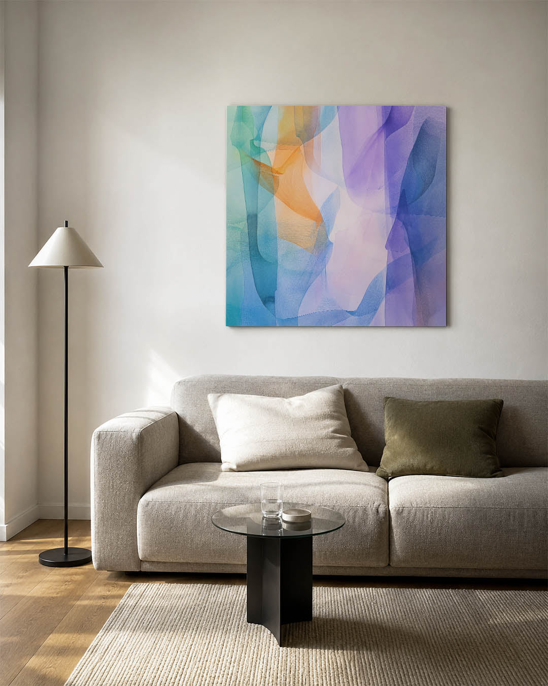 Vloeiende kleurencompositie kunstwerk – vierkante wanddecoratie – dit werk toont een dynamisch spel van vloeiende lijnen en