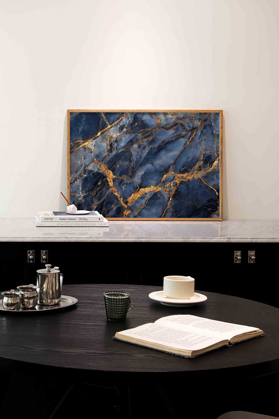 Blauw en goud marmer – abstracte poster in liggend formaat