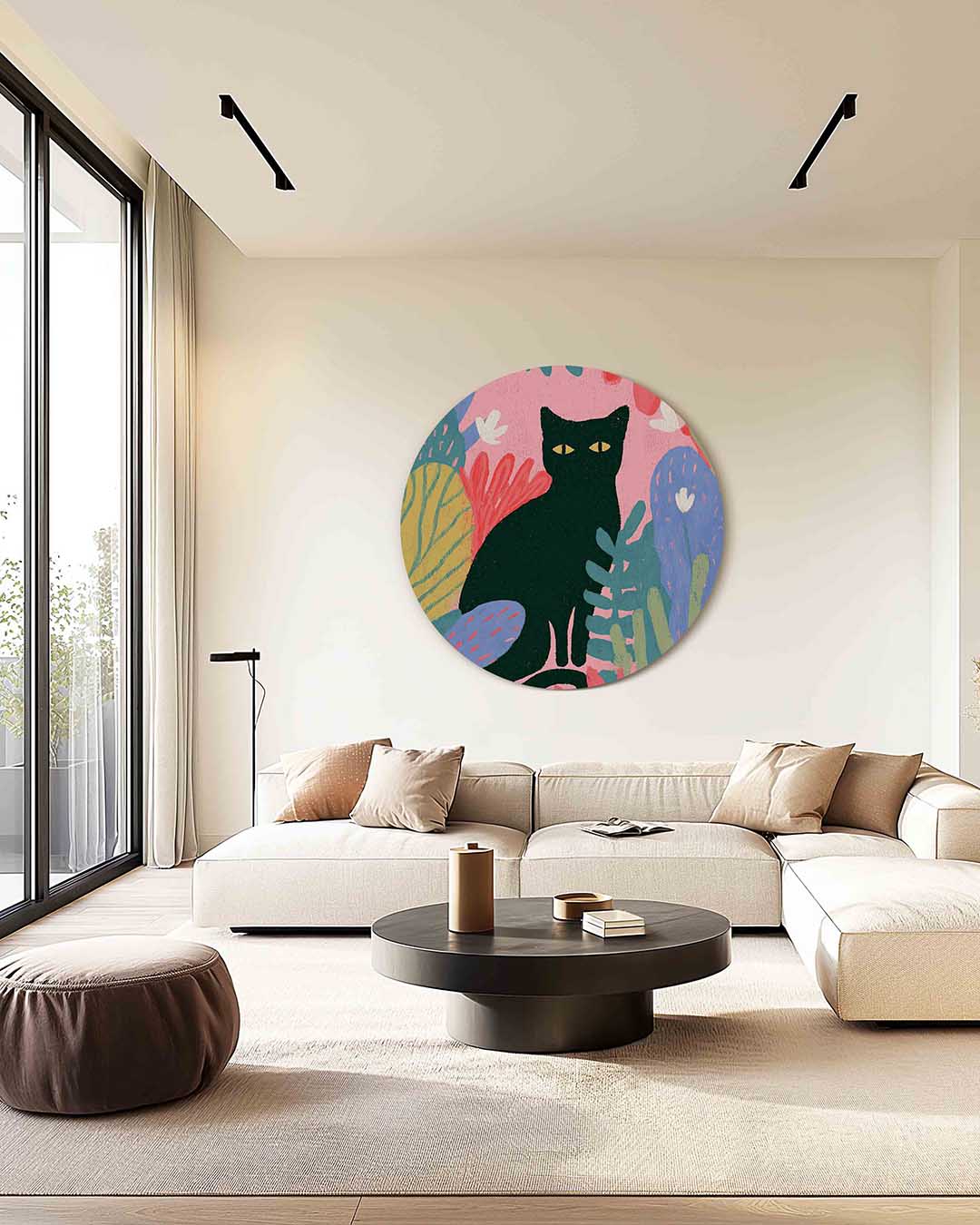 Zwarte kat en bladeren – kleurrijke muurcirkel als ronde wanddecoratie
