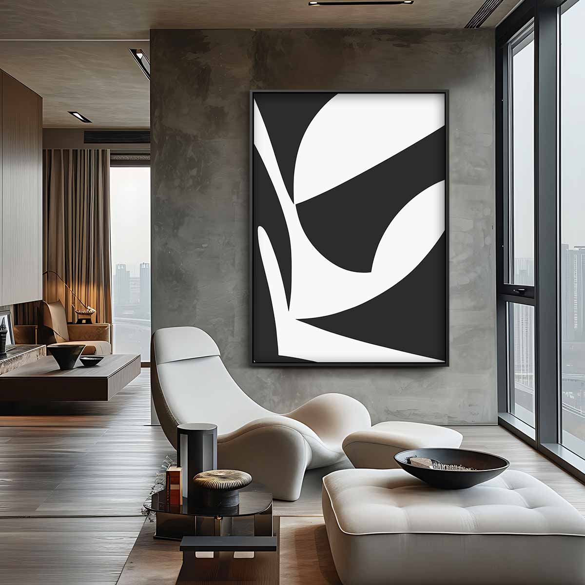 Abstracte Zwart-Witte Compositie – canvas wanddecoratie in portret formaat