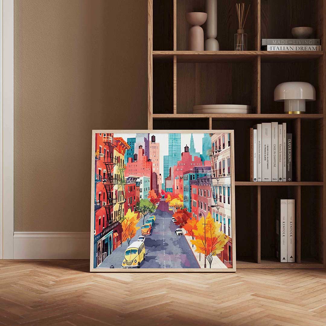 Stadsgezicht met herfstbomen – kleurrijke vierkante wanddecoratie van WallArtistic